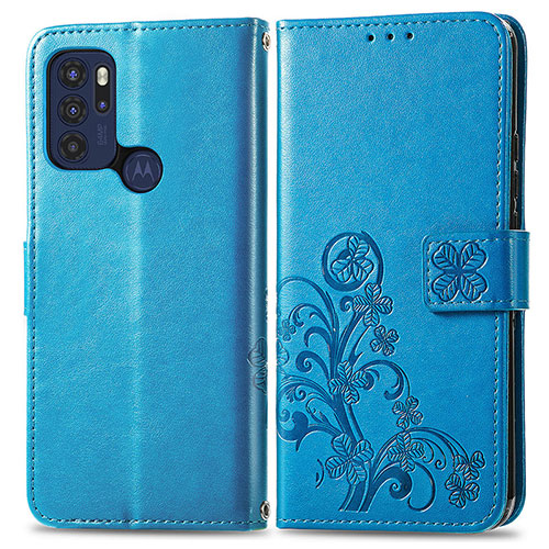 Leather Case Stands Flip Flowers Cover Holder for Motorola Moto G60s Blue