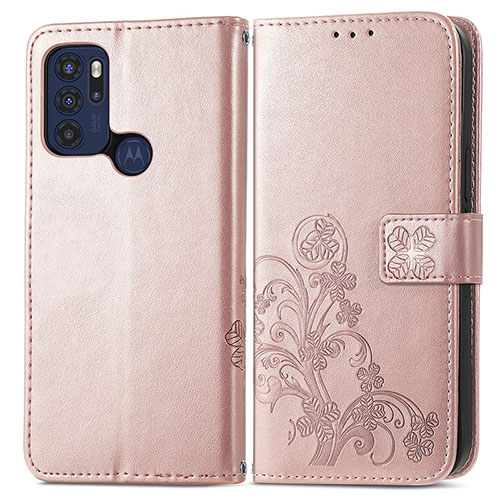 Leather Case Stands Flip Flowers Cover Holder for Motorola Moto G60s Pink