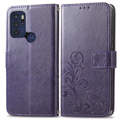 Leather Case Stands Flip Flowers Cover Holder for Motorola Moto G60s Purple