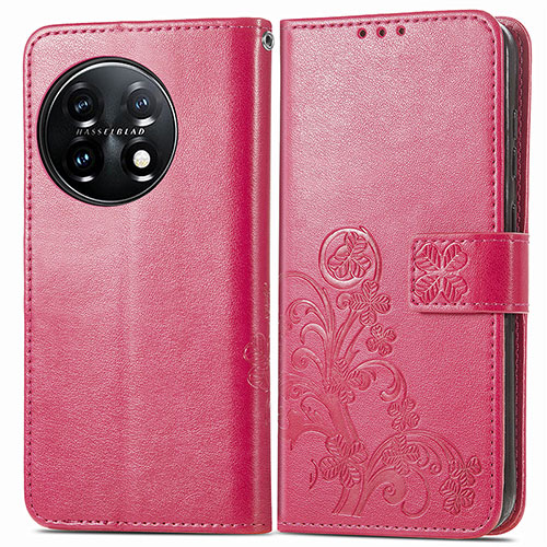 Leather Case Stands Flip Flowers Cover Holder for OnePlus 11 5G Hot Pink