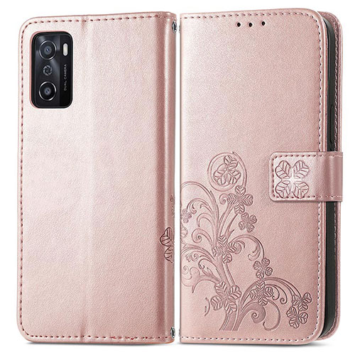 Leather Case Stands Flip Flowers Cover Holder for Oppo A55S 5G Pink