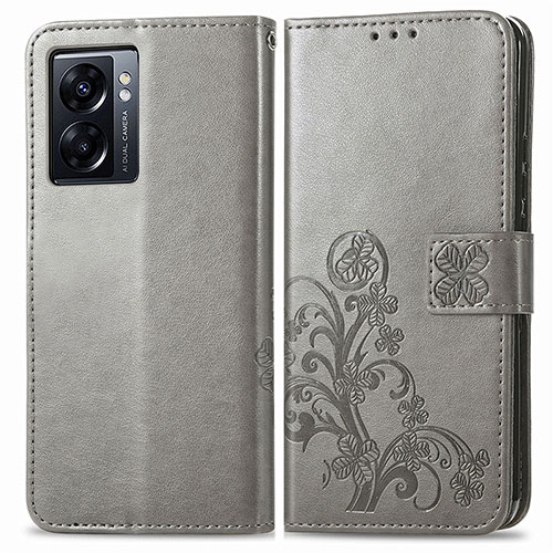 Leather Case Stands Flip Flowers Cover Holder for Oppo A56S 5G Gray