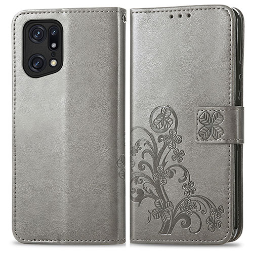 Leather Case Stands Flip Flowers Cover Holder for Oppo Find X5 5G Gray