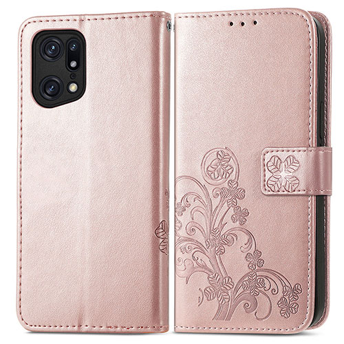 Leather Case Stands Flip Flowers Cover Holder for Oppo Find X5 5G Pink