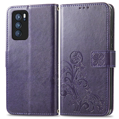 Leather Case Stands Flip Flowers Cover Holder for Oppo Reno6 Pro 5G India Purple