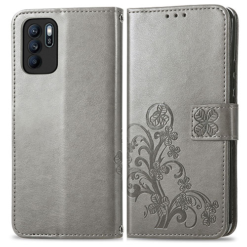 Leather Case Stands Flip Flowers Cover Holder for Oppo Reno6 Z 5G Gray