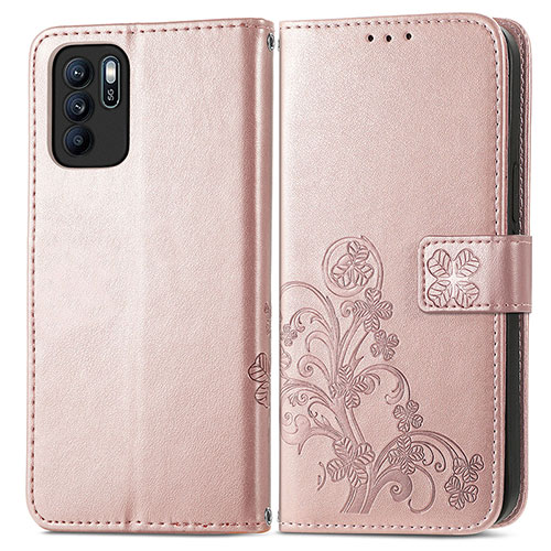 Leather Case Stands Flip Flowers Cover Holder for Oppo Reno6 Z 5G Pink