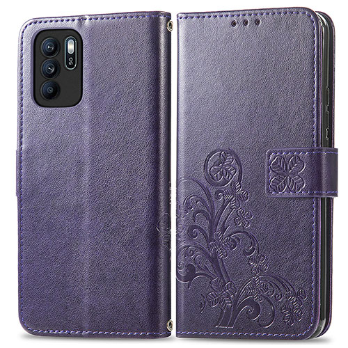 Leather Case Stands Flip Flowers Cover Holder for Oppo Reno6 Z 5G Purple