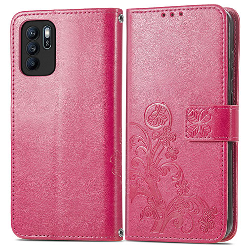 Leather Case Stands Flip Flowers Cover Holder for Oppo Reno6 Z 5G Red