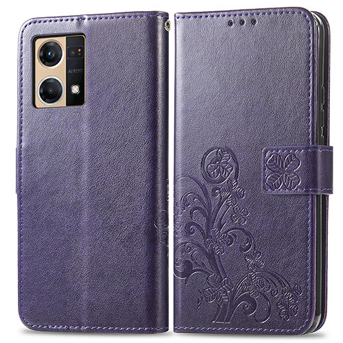 Leather Case Stands Flip Flowers Cover Holder for Oppo Reno7 4G Purple