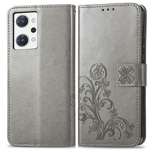 Leather Case Stands Flip Flowers Cover Holder for Oppo Reno7 A Gray