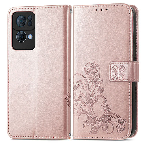 Leather Case Stands Flip Flowers Cover Holder for Oppo Reno7 Pro 5G Pink
