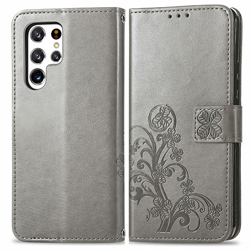 Leather Case Stands Flip Flowers Cover Holder for Samsung Galaxy S22 Ultra 5G Gray