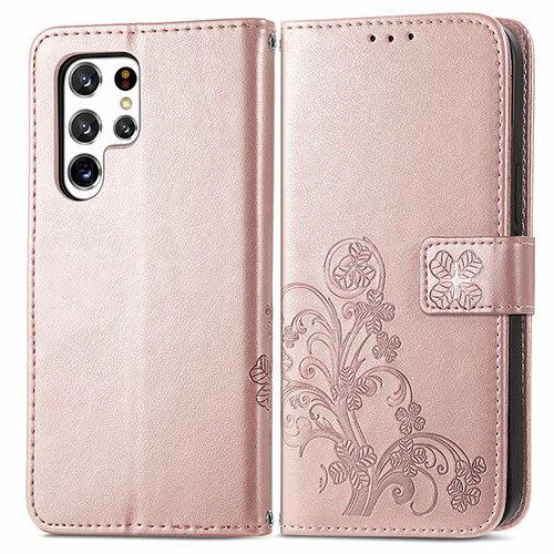 Leather Case Stands Flip Flowers Cover Holder for Samsung Galaxy S22 Ultra 5G Pink