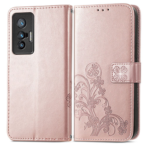 Leather Case Stands Flip Flowers Cover Holder for Vivo X70 5G Pink