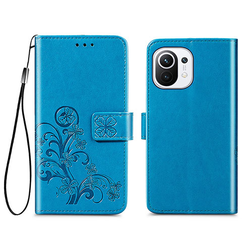 Leather Case Stands Flip Flowers Cover Holder for Xiaomi Mi 11 5G Blue