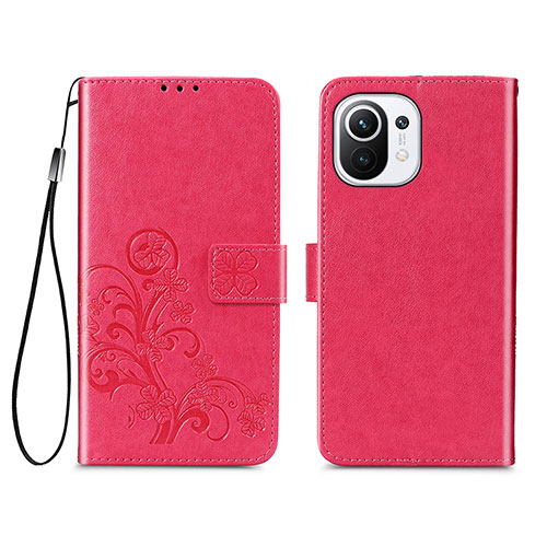 Leather Case Stands Flip Flowers Cover Holder for Xiaomi Mi 11 5G Red