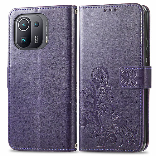 Leather Case Stands Flip Flowers Cover Holder for Xiaomi Mi 11 Pro 5G Purple