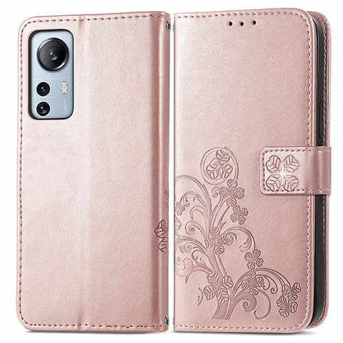 Leather Case Stands Flip Flowers Cover Holder for Xiaomi Mi 12 5G Pink