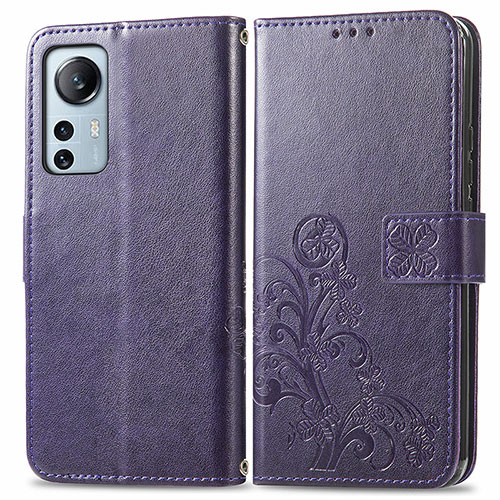 Leather Case Stands Flip Flowers Cover Holder for Xiaomi Mi 12X 5G Purple
