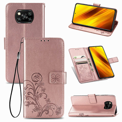 Leather Case Stands Flip Flowers Cover Holder for Xiaomi Poco X3 NFC Pink