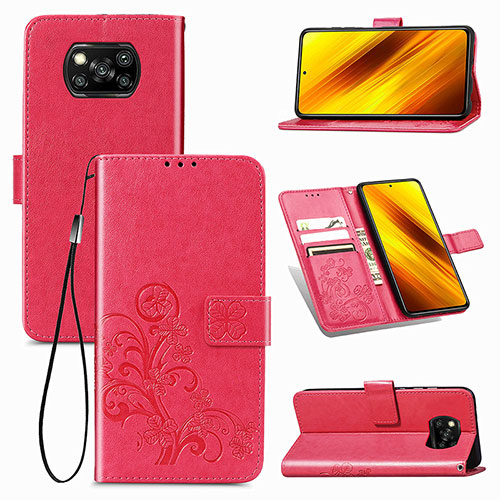Leather Case Stands Flip Flowers Cover Holder for Xiaomi Poco X3 Pro Red