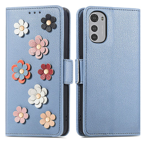Leather Case Stands Flip Flowers Cover Holder S02D for Motorola Moto E32s Blue