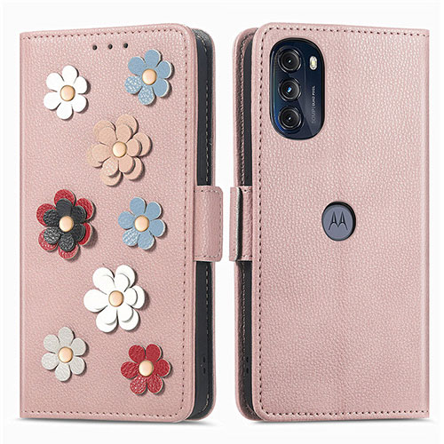 Leather Case Stands Flip Flowers Cover Holder S02D for Motorola Moto G 5G (2022) Rose Gold