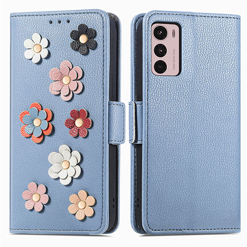 Leather Case Stands Flip Flowers Cover Holder S02D for Motorola Moto G42 Blue
