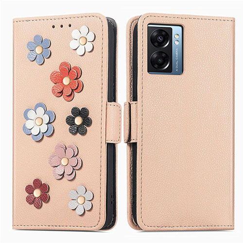 Leather Case Stands Flip Flowers Cover Holder S02D for Oppo A56S 5G Khaki