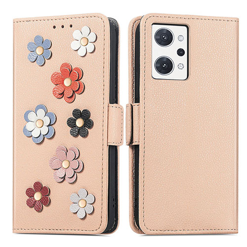 Leather Case Stands Flip Flowers Cover Holder S02D for Oppo Reno7 A Khaki