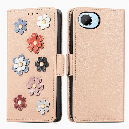 Leather Case Stands Flip Flowers Cover Holder S02D for Realme C30 Khaki