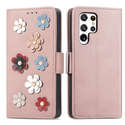 Leather Case Stands Flip Flowers Cover Holder S04D for Samsung Galaxy S22 Ultra 5G Rose Gold