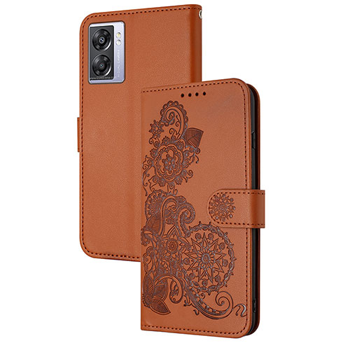 Leather Case Stands Flip Flowers Cover Holder Y01X for Oppo A57 5G Brown