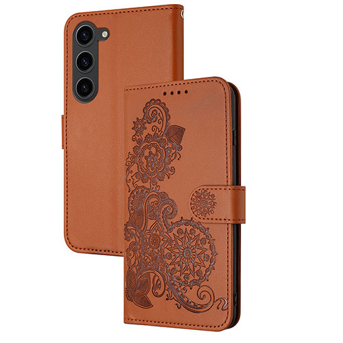 Leather Case Stands Flip Flowers Cover Holder Y01X for Samsung Galaxy S22 Plus 5G Brown