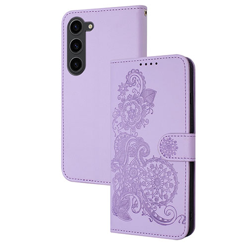 Leather Case Stands Flip Flowers Cover Holder Y01X for Samsung Galaxy S23 5G Purple