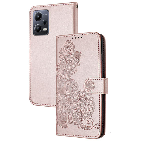 Leather Case Stands Flip Flowers Cover Holder Y01X for Xiaomi Redmi Note 12 5G Rose Gold