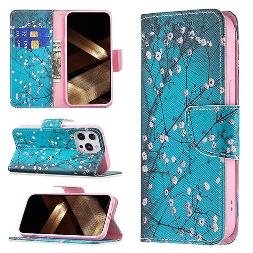 Leather Case Stands Flip Flowers Cover L02 Holder for Apple iPhone 14 Pro Max Cyan