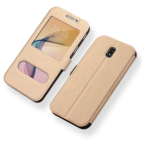 Leather Case Stands Flip Holder Cover for Samsung Galaxy J5 (2017) SM-J750F Gold