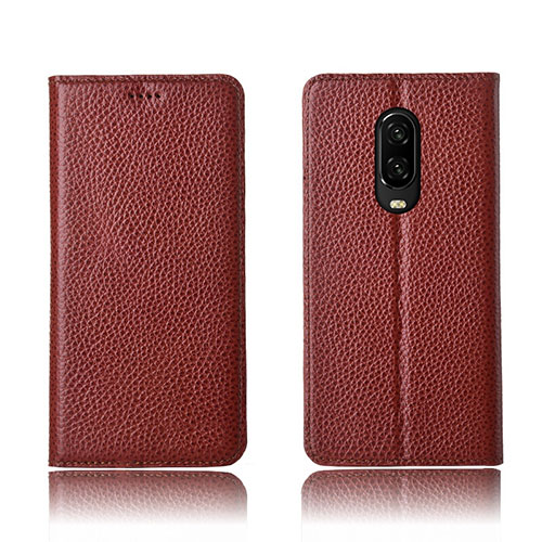 Leather Case Stands Flip Holder Cover L01 for OnePlus 6T Brown