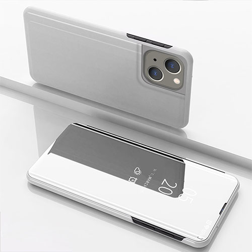 Leather Case Stands Flip Mirror Cover Holder for Apple iPhone 14 Plus Silver