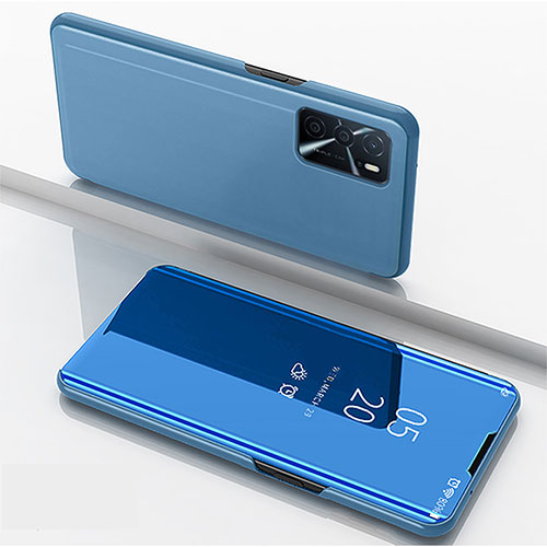 Leather Case Stands Flip Mirror Cover Holder for Oppo A16 Blue