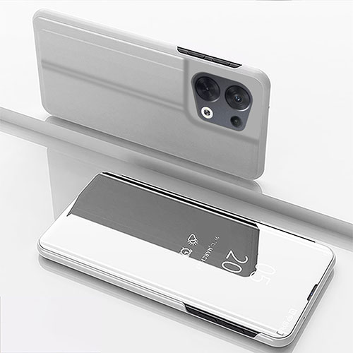 Leather Case Stands Flip Mirror Cover Holder for Oppo Reno9 Pro+ Plus 5G Silver