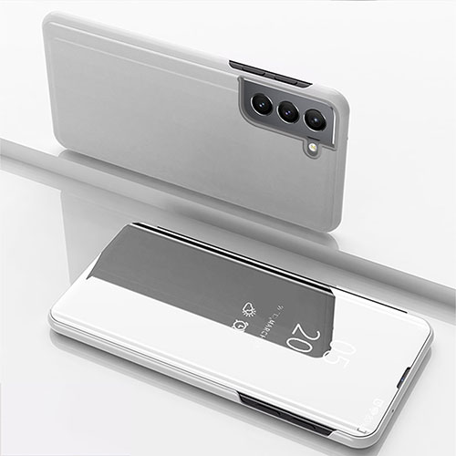 Leather Case Stands Flip Mirror Cover Holder for Samsung Galaxy S22 5G Silver