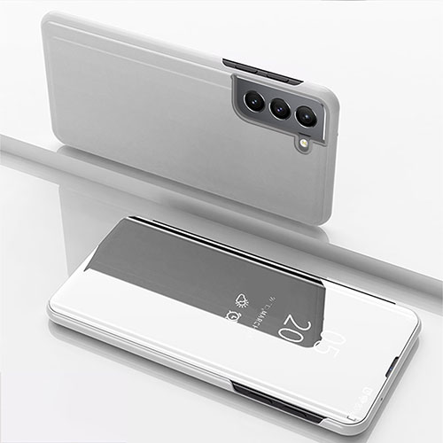 Leather Case Stands Flip Mirror Cover Holder for Samsung Galaxy S22 Plus 5G Silver