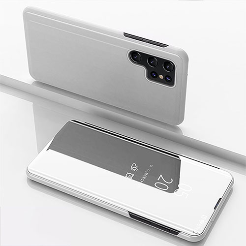 Leather Case Stands Flip Mirror Cover Holder for Samsung Galaxy S22 Ultra 5G Silver