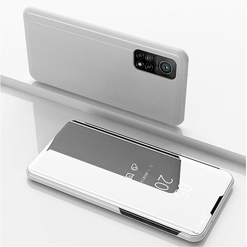 Leather Case Stands Flip Mirror Cover Holder for Xiaomi Mi 10T 5G Silver