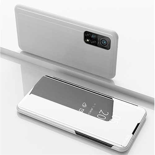 Leather Case Stands Flip Mirror Cover Holder for Xiaomi Mi 10T Pro 5G Silver