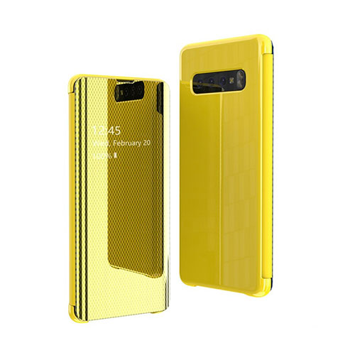 Leather Case Stands Flip Mirror Cover Holder L01 for Samsung Galaxy S10 5G SM-G977B Yellow