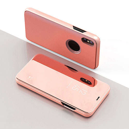 Leather Case Stands Flip Mirror Cover Holder L02 for Apple iPhone Xs Rose Gold